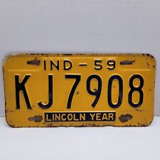 VTG 1959 Indiana Lincoln Year License Plate Tag KJ7908 Yellow & Black Original picture