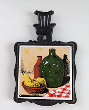 Vintage Triangle Shunlong Glazed Ceramic Cast Iron Trivet pears bottles AA9D picture