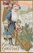c1910 Blue Coat Santa Claus Basket Toys Wheelbarrow Gilt  Christmas P589 picture