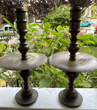 Pair Of Antique Engraved Moroccan Islamic Brass CandleSticks-22”high. picture