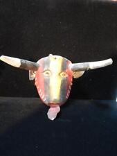 VINTAGE MEXICAN HORNED COW / BULL DANCE MASK CARVED WOOD MEXICO LEATHER TONGU picture