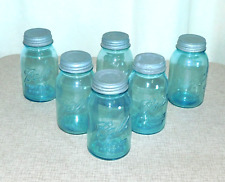 6 Antique Ball Jars Blue Perfect Mason Quart Zinc Lids #5 #1 #4 #9 Canning picture