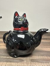 Vintage 1950’s Shafford Redware Black Cat With Red bow Glazed Teapot picture