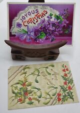 2 Antique Christmas Postcards Holly Violets 1907 Embossed picture