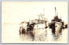 Original RPPC, World War 1 Ships In Port, Badly Damaged Stern, Vintage Postcard picture