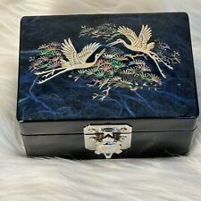 Black Lacquer Trinket Box With Mother of Pearl Inlay Crane Birds Flying 4”x3”2” picture