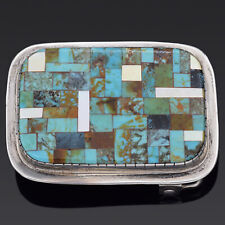Vintage CB Signed Sterling Silver Turquoise Inlay Belt Buckle 60.5 x 44.5 mm picture