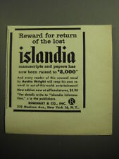1958 Rinehart & Co. Book Advertisement - Reward for return of the lost Islandia picture