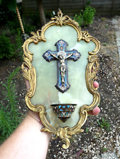 Antique 19thc bronze enamel cloisonne onyx marble crucifix holy water font rare picture