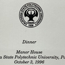 Vintage 1996 Cal Poly Pomona State University Manor House Dinner Menu California picture