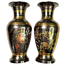 Vtg Pair Of Small Brass Hand Carved Painted Vases W Faces Indian Authentic Décor picture