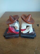 Folk Art Carved Wood Mexican Siesta Man and Woman Mini Bookends Vintage picture