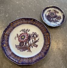 x2 Purple Luster Antique Thomas Walker Flora Plate Flow Flower 7 1/2 and 4 1/2 picture