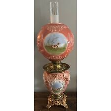 Rare Antique Victorian Gone With the Wind Lamp Hand Painted Puffy Hunting Dogs picture