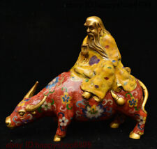 Old Chinese Bronze Cloisonne Enamel Taoism Lao-tzu LaoZi Ride Bull Cattle Statue picture