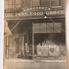 Antique Snapshot Photograph CH Roberts The Pure Food Grocery Shop Meat Store Man picture