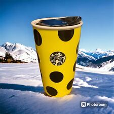 Starbucks 2015 Ceramic 12 oz Yellow Black Polka Dot Travel Mug picture