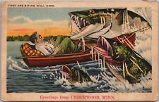 1939 UNDERWOOD, Minnesota Greetings Postcard Fishing / FISH EXAGGERATION Linen picture