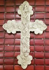 Vintage Gray Distressed Stone-Look Cross with Grapes & Vines 12.75