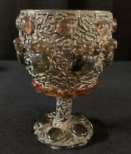 Vintage Gothic Brutalist Glass Chalise Goblet Applied Jewels & Bronze Scroll picture