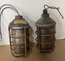 Pair of Vintage Industrial Caged Light Fixtures Repurpose Decor Factory  picture