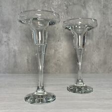 Pair of Clear Lead Crystal Stretched Abstract Pedestal Candleholders 6.75