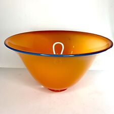 Studio Art Glass Hand Blown Blaze Orange Footed Bowl Blue Trim Liz Marx Signed picture