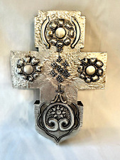 Vintage Tin Hand Tooled Wood  Cross  Hand Made Mexico Sun & Flowers Signed-9