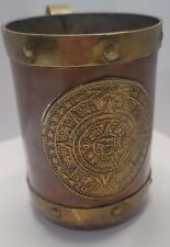 VINTAGE BRASS COPPER MUG WITH MAYAN CALENDAR AZTEC MEXICAN CUP W/ HANDLE picture