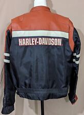 Vintage Harley Davidson Black Nylon Orange Leather Spell Out Lg Biker Jacket HF picture