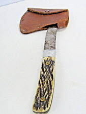 Vintage KORIUM Japan Hunting HATCHET Stag Buck Bone Handle Leather Sheath #OJ picture