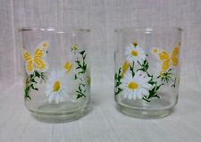 Vintage Libbey Juice Glasses Yellow White Green Daisies Butterflies - Set of 2 picture