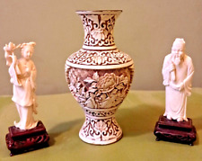Ivory Dynasty Carved Cinnabar & Brass Vase & Carved Chinese Man & Woman picture