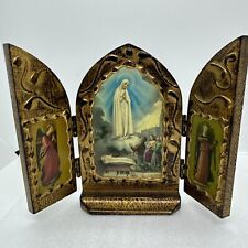 Vintage Table Triptych With Our Lady De Fatima Nossa Senhora With Angels 6.5x4” picture