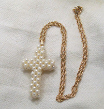 Vintage 14K Gold Puffed Pearl Cross Pendant Krementz GF Rope Chain Necklace picture
