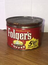 Vintage 1959 Folgers Coffee Round Tin Metal 1 Lb Canister 5 Cents Off w/ Lid picture