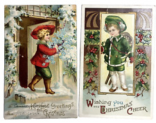 Clapsaddle Christmas Postcard Boys Snowshoes Forget- Me- Nots Snowy Steps Lot 2 picture