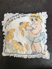 Antique Embroider Pillow He Loves Me He Lives Me Not... Daisy 12 X 12 picture