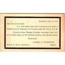 Vintage Postal Card Member Death Notice Covenant Lodge Brooklyn New York 1913 picture