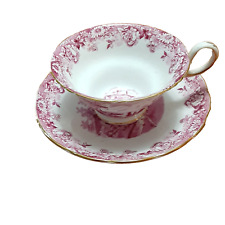 Antique rare Copelands Grosvenor raspberry pink teacup saucer transferware picture