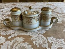 Rare Noritake White And Gold Condiment Set Mustard Jar With Spoon, Salt & Pepper picture