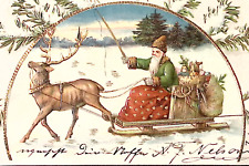 1904 GERMANY Christmas Postcard Green Robed Santa Uses Buggy Blanket in Sleigh picture