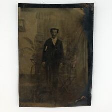 Painted Backdrop Studio Man Tintype c1870 Antique 1/6 Plate Chair Photo B3127 picture
