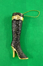 Vintage Pier One Miniature  Glitter High Heeled Boot Ornament Black w/ Gold 4