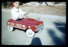 #775 Slide 1959 Boy Riding Red Fire Chief Pedal Toy Car with Fireman Helmet picture