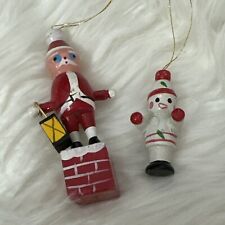 Vintage Santa and Snowman Wood Painted Christmas Holiday Ornaments Lot of 2 picture