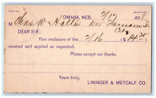 1888 Enclosure ReceivedLininger & Metcalf Co. Chas Haller Omaha NE Postal Card picture