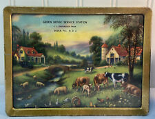 Vtg 1940-50’s GREEN HEDGE SERVICE STATION Gas Ad Litho FARM SCENE COWS PIG Frame picture