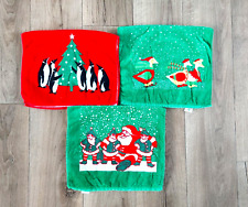 Vintage  Red Green Holiday Christmas Hand Towels Penguins Geese Santa Claus 3pc picture