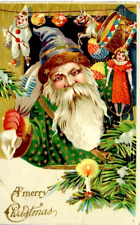 Antique Merry Christmas Postcard Old World Santa Green Robe Purple Hat Toys 1913 picture